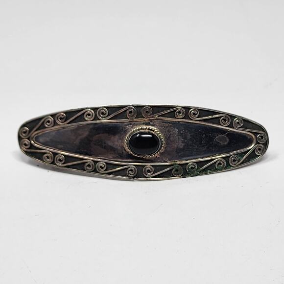 Sterling Silver Antique Vintage Onyx Hair Barrette - Picture 1 of 5